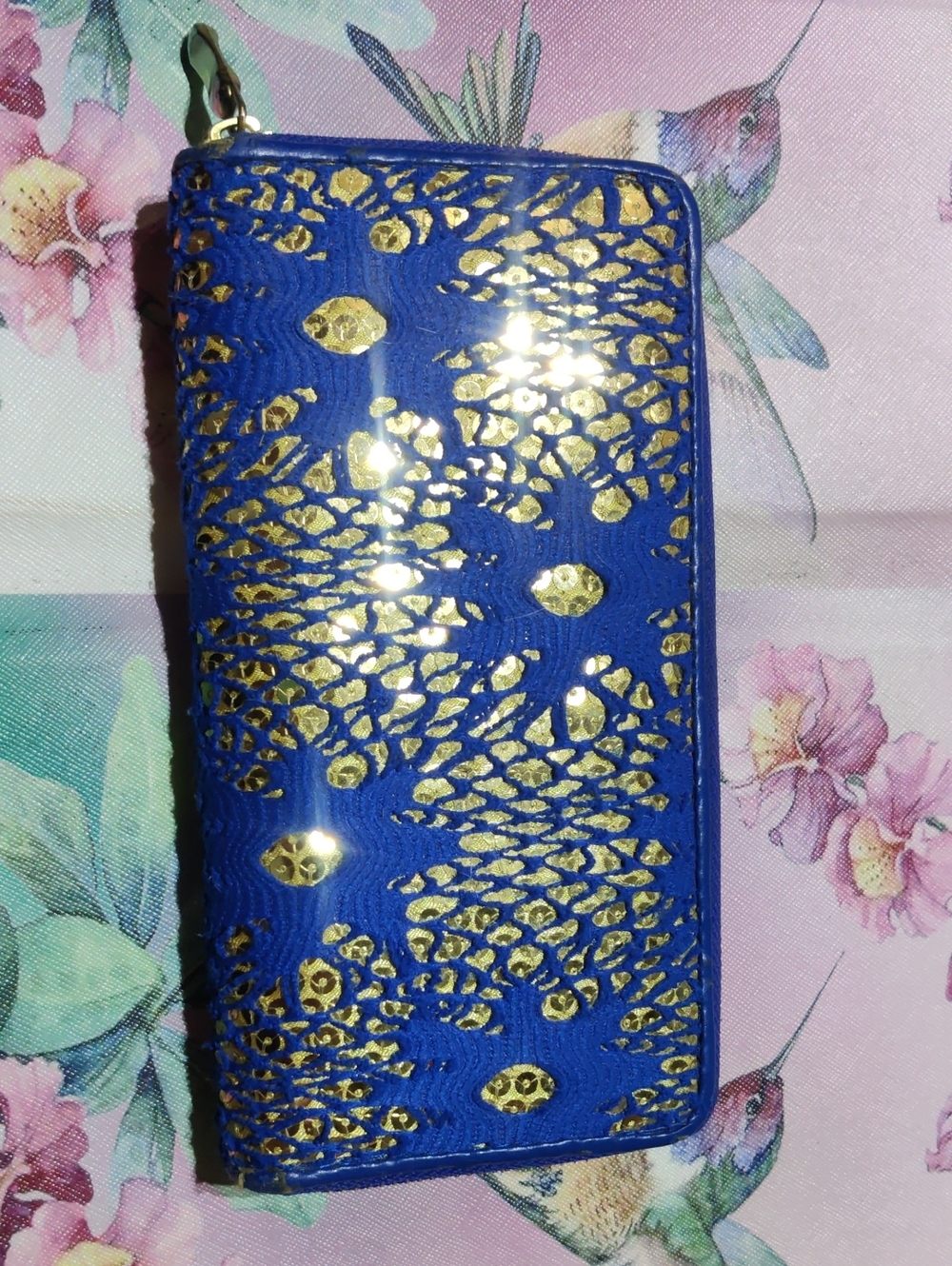 Royal Blue Zip-Around Wallet with Gold Accent Pattern